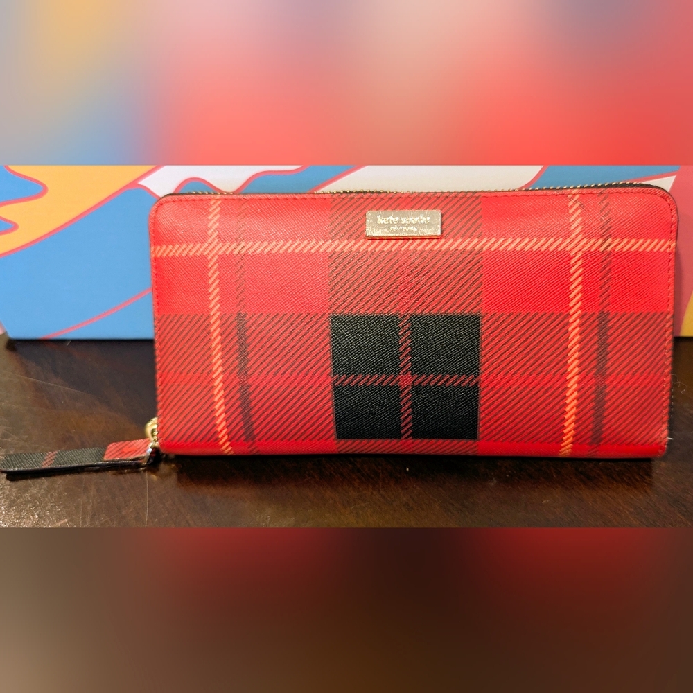 kate spade Stacey Plaid Continental Wallet, Red/Plaid EUC